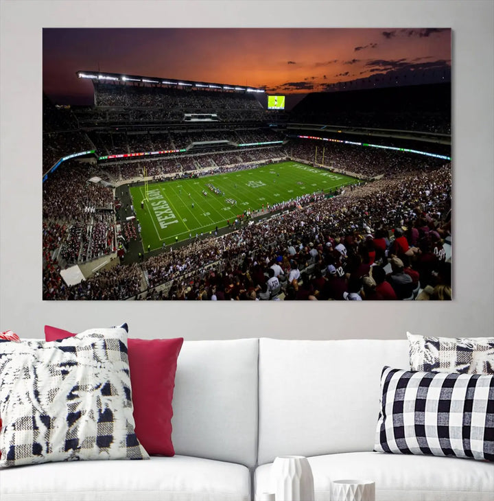 A large triptych wall art canvas print of Kyle Field Stadium encapsulates the Texas A&M Aggies' spirit as the crowd enjoys the serene glow of sunset.