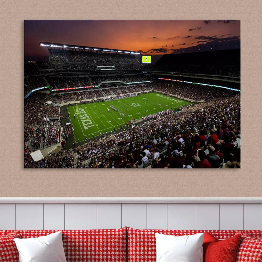 A large triptych wall art canvas print of Kyle Field Stadium encapsulates the Texas A&M Aggies' spirit as the crowd enjoys the serene glow of sunset.