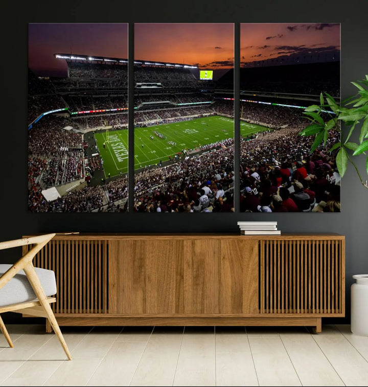 A large triptych wall art canvas print of Kyle Field Stadium encapsulates the Texas A&M Aggies' spirit as the crowd enjoys the serene glow of sunset.