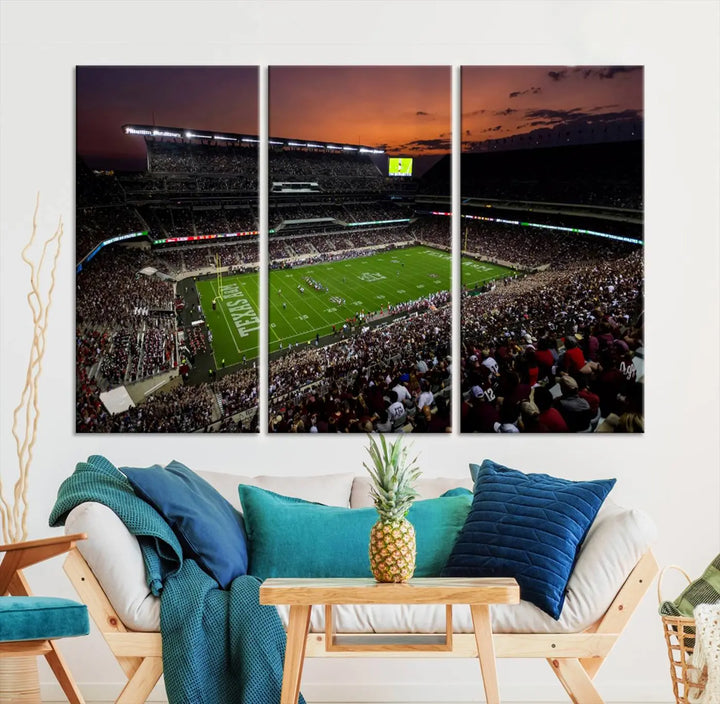 A large triptych wall art canvas print of Kyle Field Stadium encapsulates the Texas A&M Aggies' spirit as the crowd enjoys the serene glow of sunset.