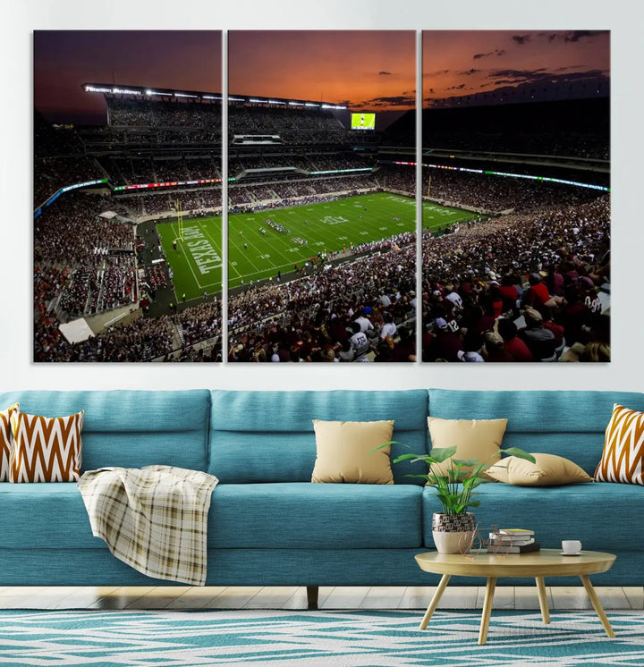 A large triptych wall art canvas print of Kyle Field Stadium encapsulates the Texas A&M Aggies' spirit as the crowd enjoys the serene glow of sunset.