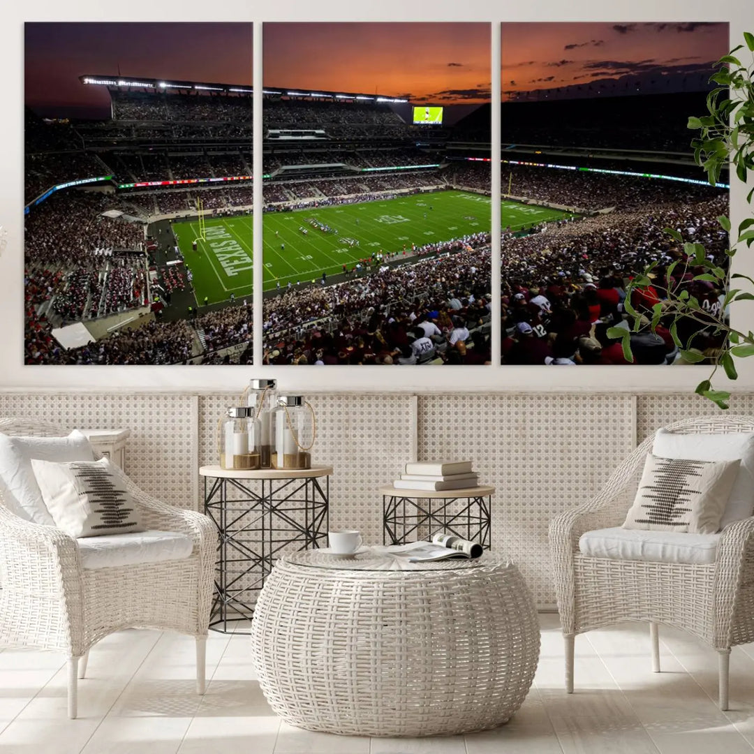 A large triptych wall art canvas print of Kyle Field Stadium encapsulates the Texas A&M Aggies' spirit as the crowd enjoys the serene glow of sunset.