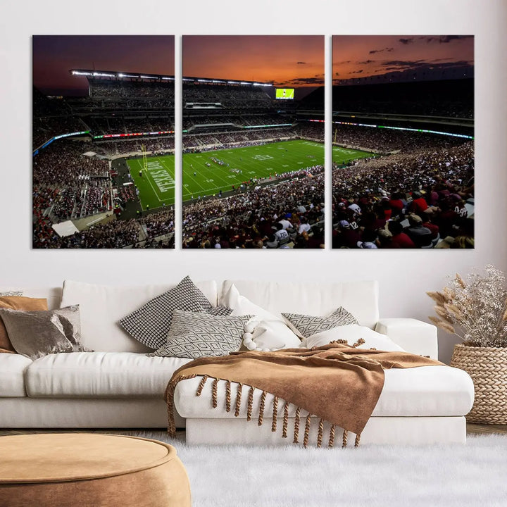 A large triptych wall art canvas print of Kyle Field Stadium encapsulates the Texas A&M Aggies' spirit as the crowd enjoys the serene glow of sunset.