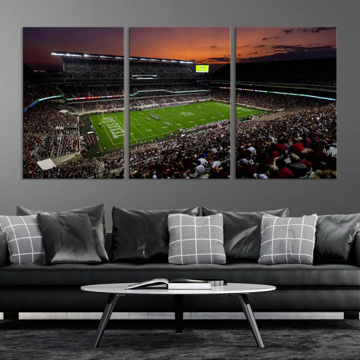 A large triptych wall art canvas print of Kyle Field Stadium encapsulates the Texas A&M Aggies' spirit as the crowd enjoys the serene glow of sunset.