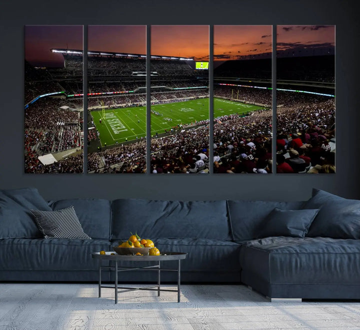 A large triptych wall art canvas print of Kyle Field Stadium encapsulates the Texas A&M Aggies' spirit as the crowd enjoys the serene glow of sunset.