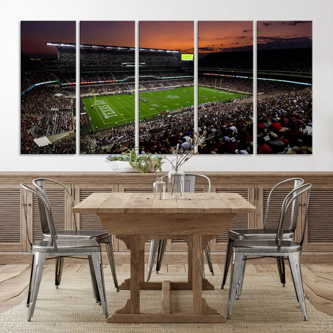 A large triptych wall art canvas print of Kyle Field Stadium encapsulates the Texas A&M Aggies' spirit as the crowd enjoys the serene glow of sunset.