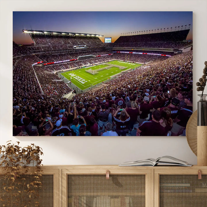 The Texas A&M University Aggies Football Team Print, a canvas wall art of Kyle Field Stadium at sunset, captures the vibrant spirit of an Aggies game in every frame.