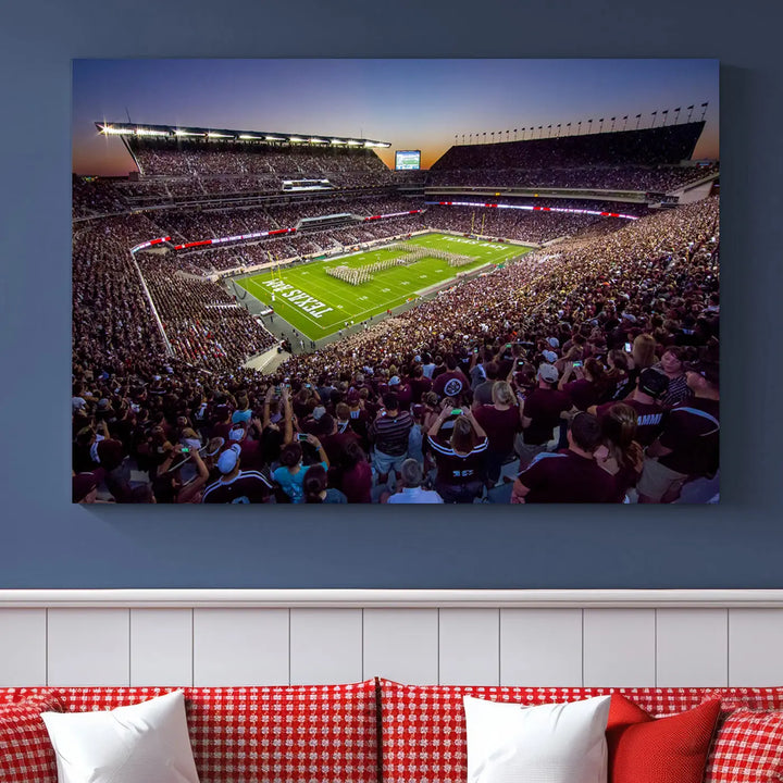 The Texas A&M University Aggies Football Team Print, a canvas wall art of Kyle Field Stadium at sunset, captures the vibrant spirit of an Aggies game in every frame.