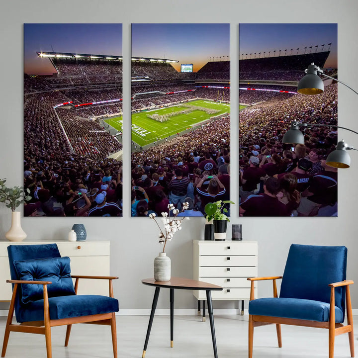 The Texas A&M University Aggies Football Team Print, a canvas wall art of Kyle Field Stadium at sunset, captures the vibrant spirit of an Aggies game in every frame.