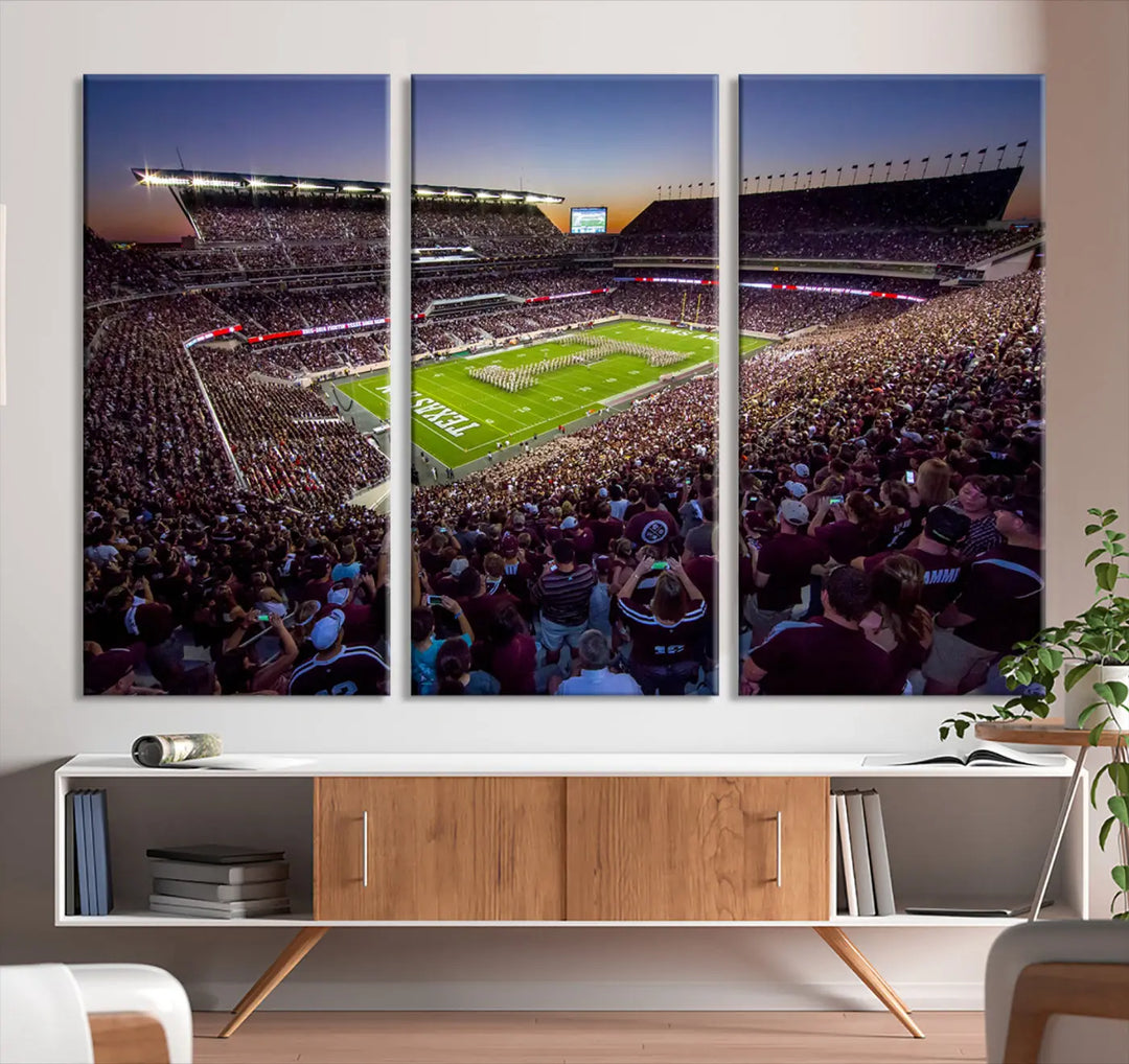 The Texas A&M University Aggies Football Team Print, a canvas wall art of Kyle Field Stadium at sunset, captures the vibrant spirit of an Aggies game in every frame.