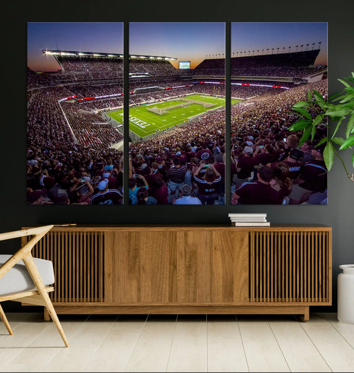 The Texas A&M University Aggies Football Team Print, a canvas wall art of Kyle Field Stadium at sunset, captures the vibrant spirit of an Aggies game in every frame.