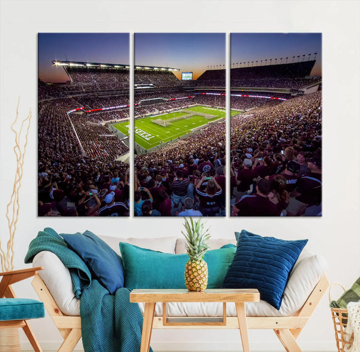 The Texas A&M University Aggies Football Team Print, a canvas wall art of Kyle Field Stadium at sunset, captures the vibrant spirit of an Aggies game in every frame.