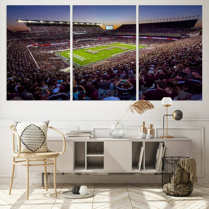 The Texas A&M University Aggies Football Team Print, a canvas wall art of Kyle Field Stadium at sunset, captures the vibrant spirit of an Aggies game in every frame.