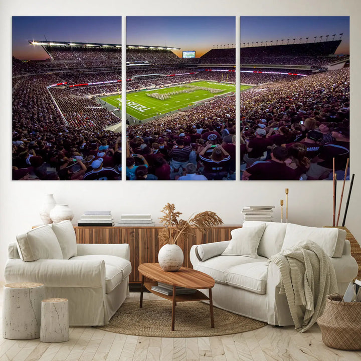 The Texas A&M University Aggies Football Team Print, a canvas wall art of Kyle Field Stadium at sunset, captures the vibrant spirit of an Aggies game in every frame.