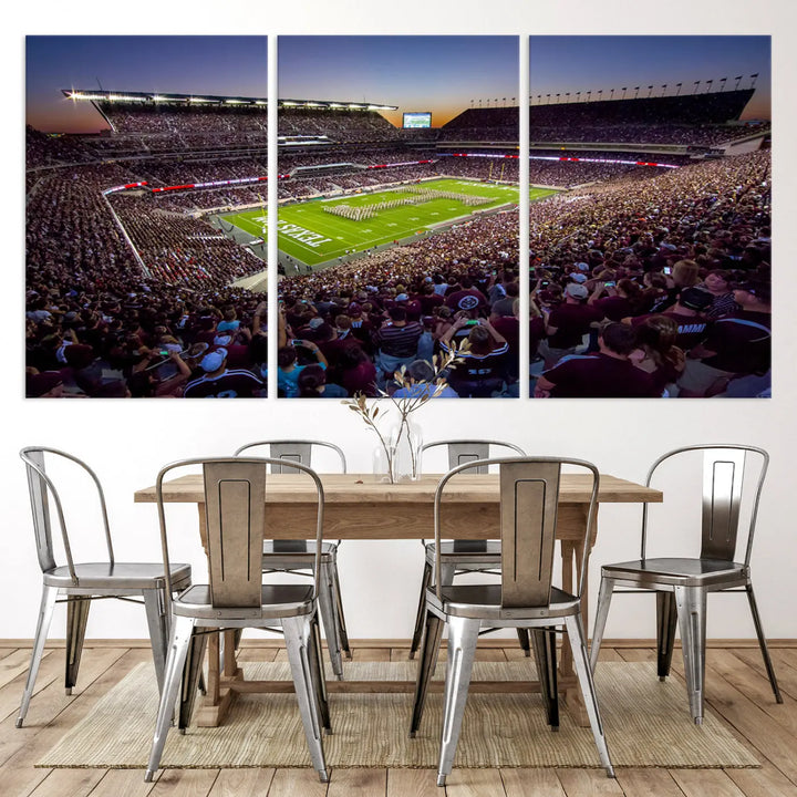 The Texas A&M University Aggies Football Team Print, a canvas wall art of Kyle Field Stadium at sunset, captures the vibrant spirit of an Aggies game in every frame.