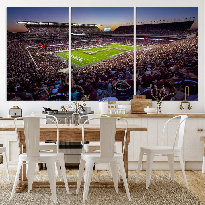 The Texas A&M University Aggies Football Team Print, a canvas wall art of Kyle Field Stadium at sunset, captures the vibrant spirit of an Aggies game in every frame.