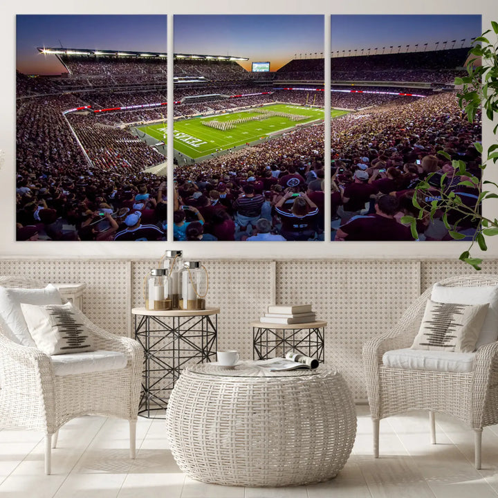 The Texas A&M University Aggies Football Team Print, a canvas wall art of Kyle Field Stadium at sunset, captures the vibrant spirit of an Aggies game in every frame.