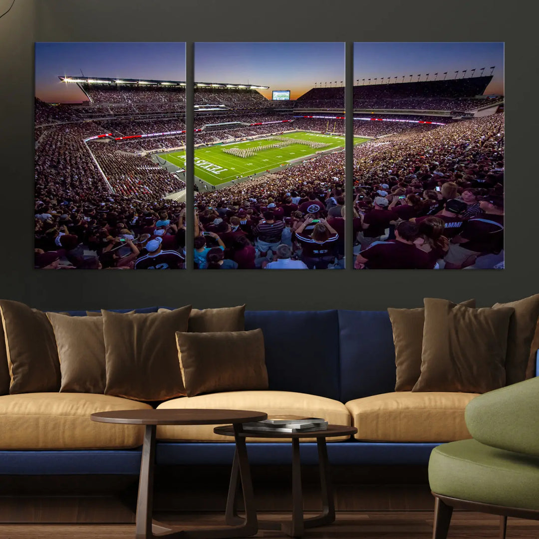 The Texas A&M University Aggies Football Team Print, a canvas wall art of Kyle Field Stadium at sunset, captures the vibrant spirit of an Aggies game in every frame.