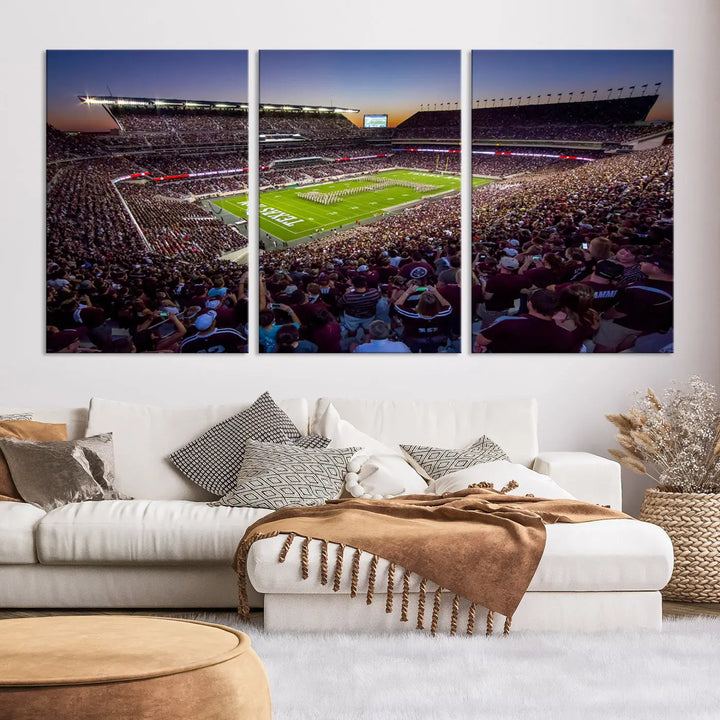 The Texas A&M University Aggies Football Team Print, a canvas wall art of Kyle Field Stadium at sunset, captures the vibrant spirit of an Aggies game in every frame.