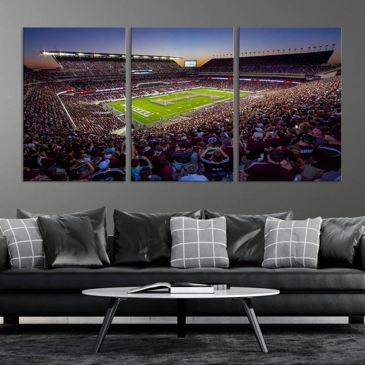 The Texas A&M University Aggies Football Team Print, a canvas wall art of Kyle Field Stadium at sunset, captures the vibrant spirit of an Aggies game in every frame.