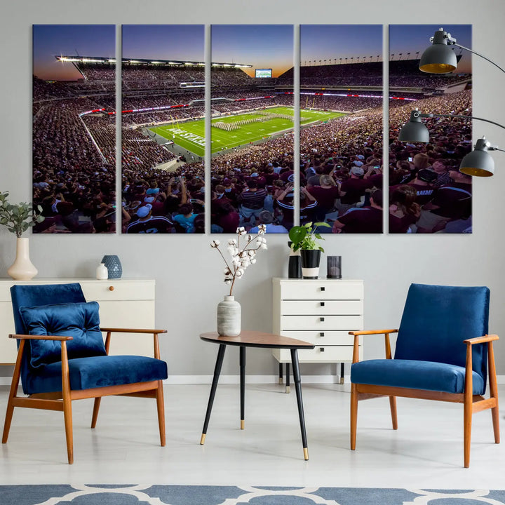 The Texas A&M University Aggies Football Team Print, a canvas wall art of Kyle Field Stadium at sunset, captures the vibrant spirit of an Aggies game in every frame.