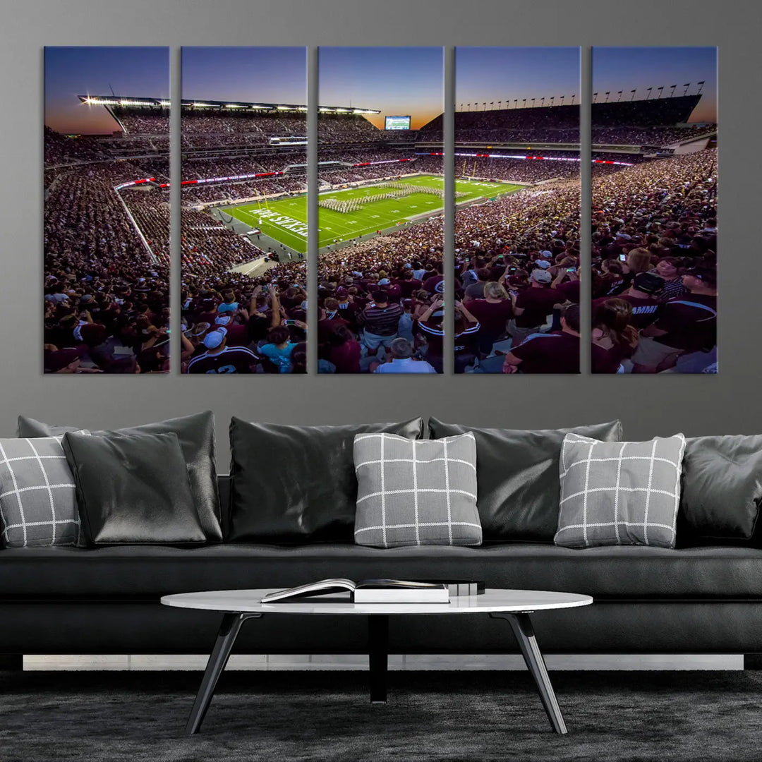 The Texas A&M University Aggies Football Team Print, a canvas wall art of Kyle Field Stadium at sunset, captures the vibrant spirit of an Aggies game in every frame.