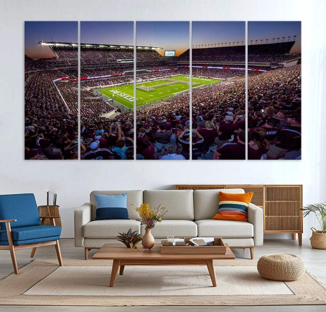 The Texas A&M University Aggies Football Team Print, a canvas wall art of Kyle Field Stadium at sunset, captures the vibrant spirit of an Aggies game in every frame.