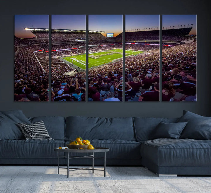 The Texas A&M University Aggies Football Team Print, a canvas wall art of Kyle Field Stadium at sunset, captures the vibrant spirit of an Aggies game in every frame.