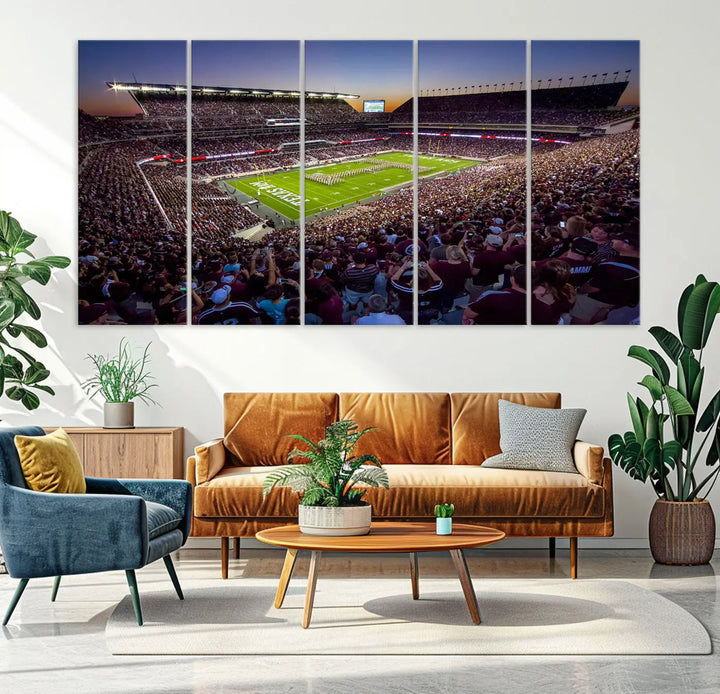 The Texas A&M University Aggies Football Team Print, a canvas wall art of Kyle Field Stadium at sunset, captures the vibrant spirit of an Aggies game in every frame.