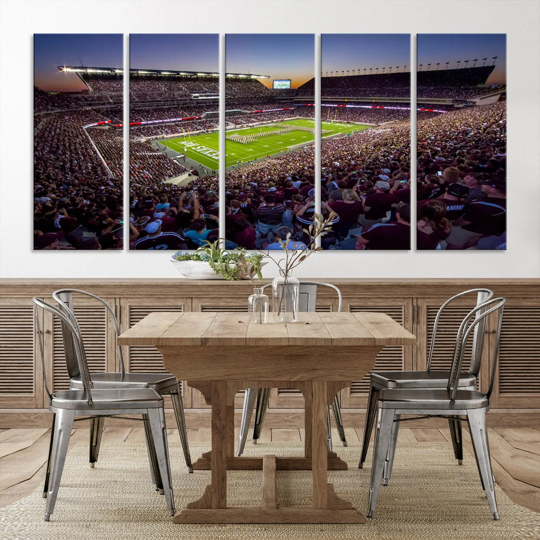 The Texas A&M University Aggies Football Team Print, a canvas wall art of Kyle Field Stadium at sunset, captures the vibrant spirit of an Aggies game in every frame.