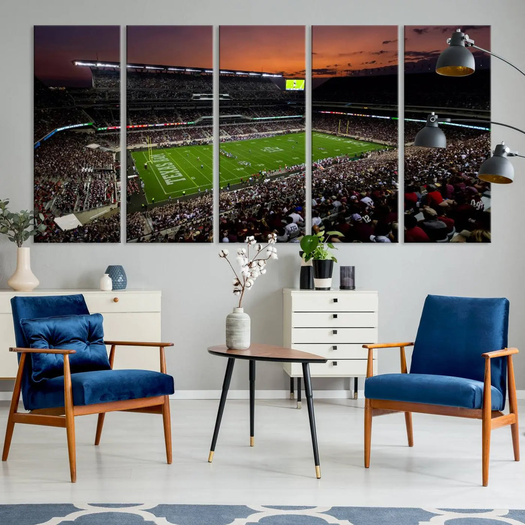 The Texas A&M University Aggies Football Team Print - College Station Kyle Field Stadium Wall Art Canvas Print captures a vibrant sunset casting a warm glow over the green field, bringing the scene to life.