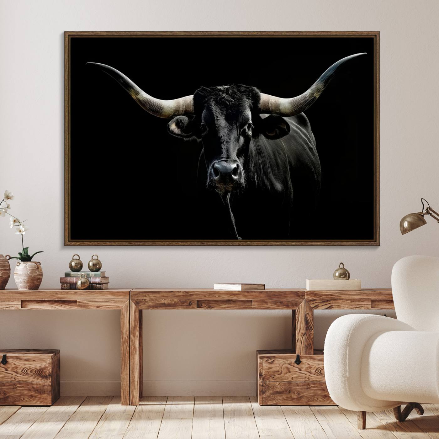20679-MGV-FC-36X24_Walnut-Texas Black Longhorn Bull Wall Art Canvas Print - Western Texas Cattle Rustic Decor Print - Longhorn Cow Wall Art