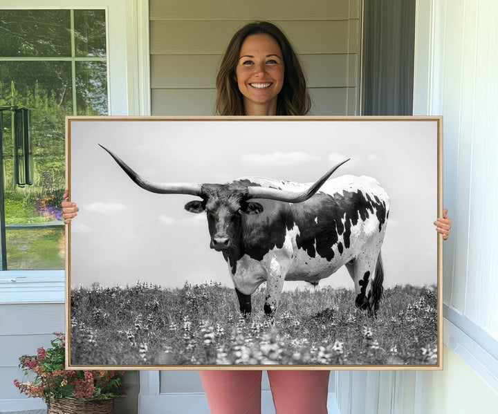 Texas Black White Highland Longhorn Cow Wall Art Canvas Print