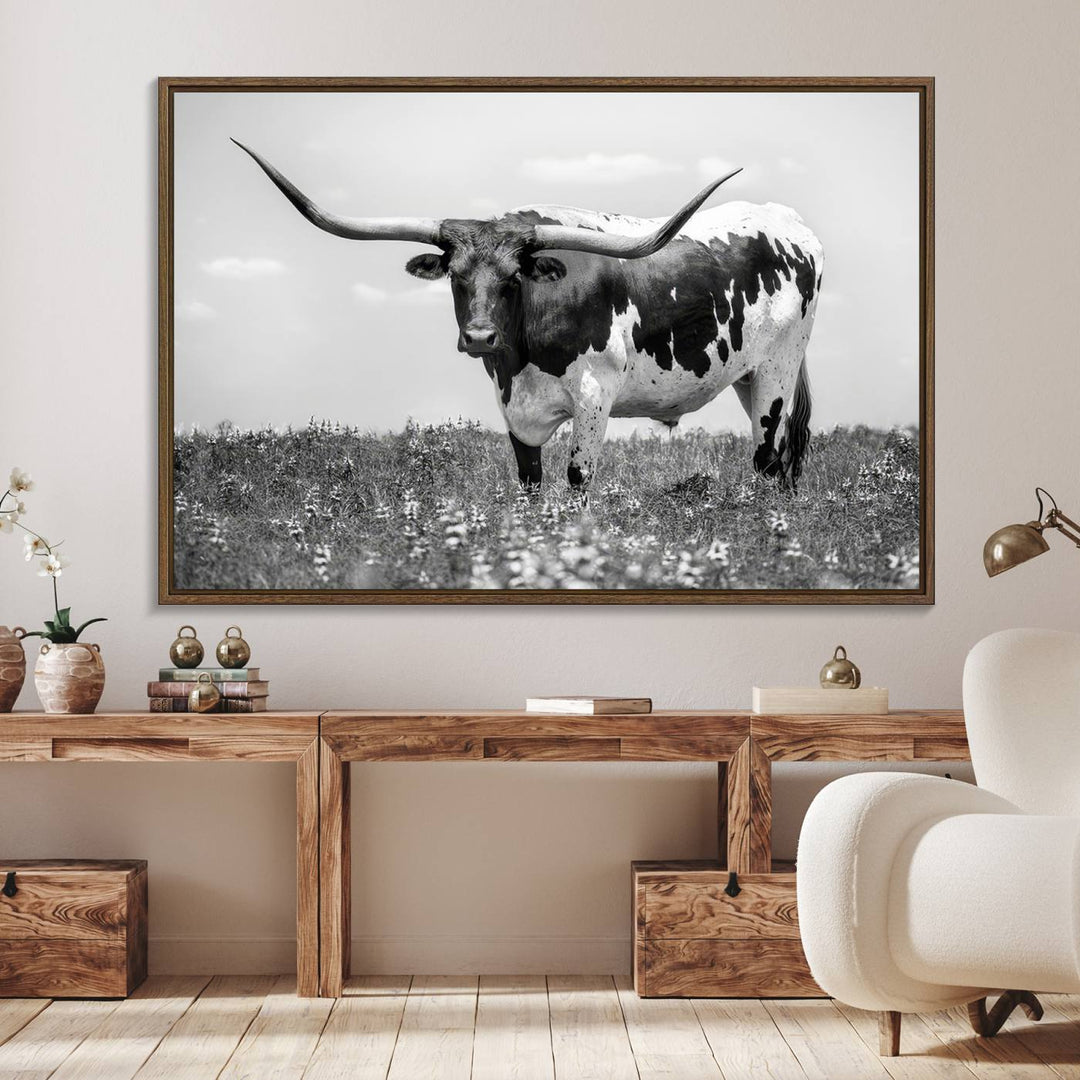 Texas Black White Highland Longhorn Cow Wall Art Canvas Print