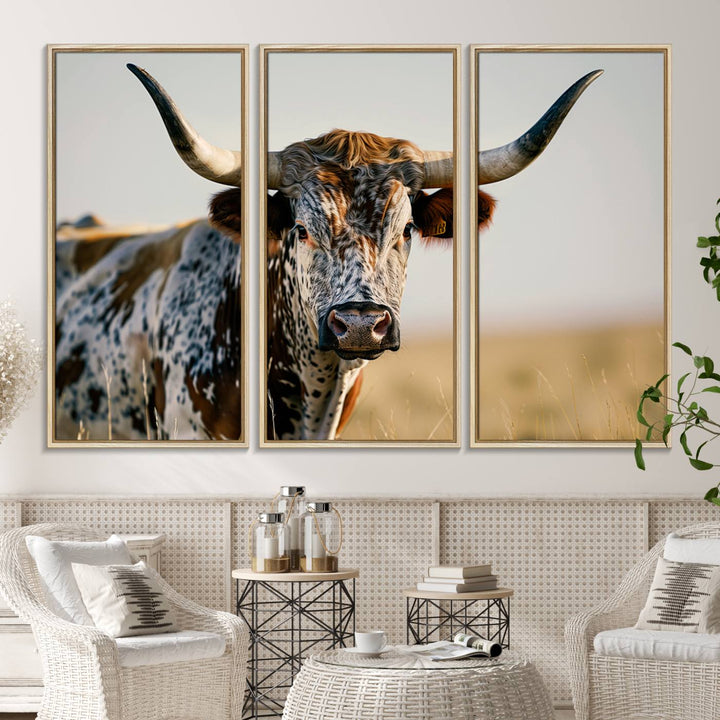 80329-MGV-FC-48X32-3P_Natural-Texas Bull Longhorn Wall Art Canvas Print for Farm House Wall Decor, Farmhouse Wall Art Print