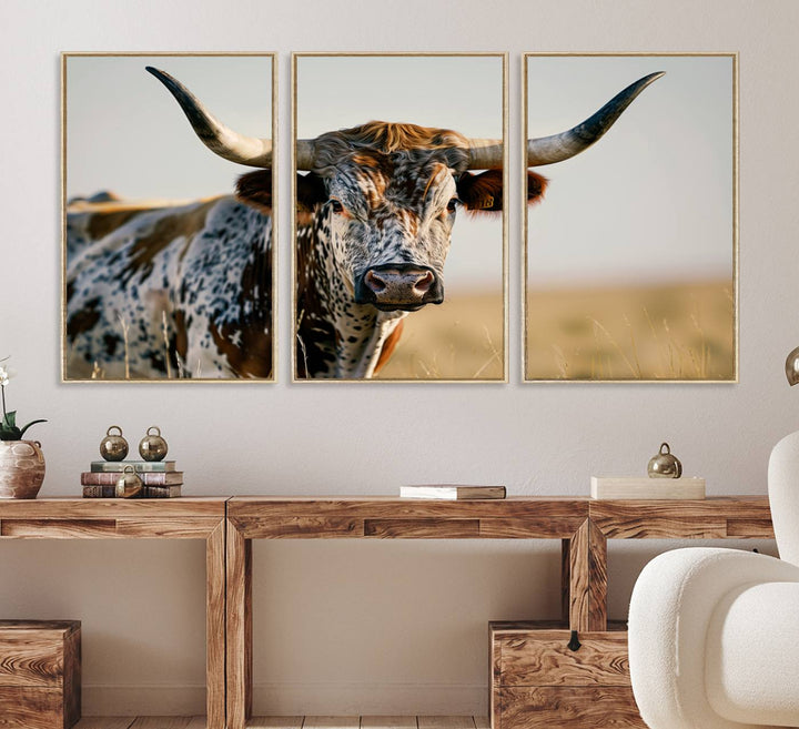 80329-MGV-FC-60X30-3P_Natural-Texas Bull Longhorn Wall Art Canvas Print for Farm House Wall Decor, Farmhouse Wall Art Print