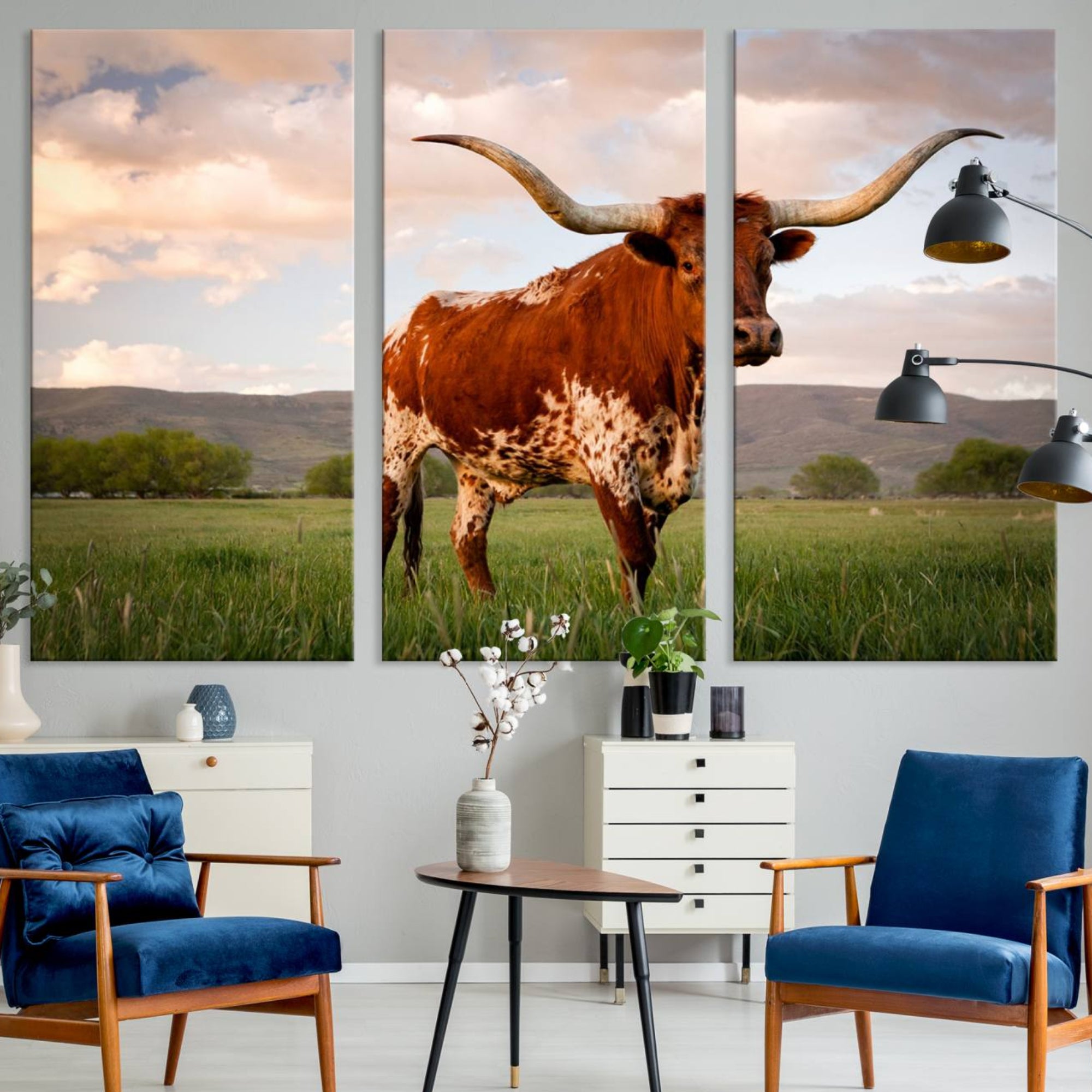 37021-MGV-CV-36X24-Texas Cow Canvas Wall Art Print, Animal Pictures and Stretched Wall Art