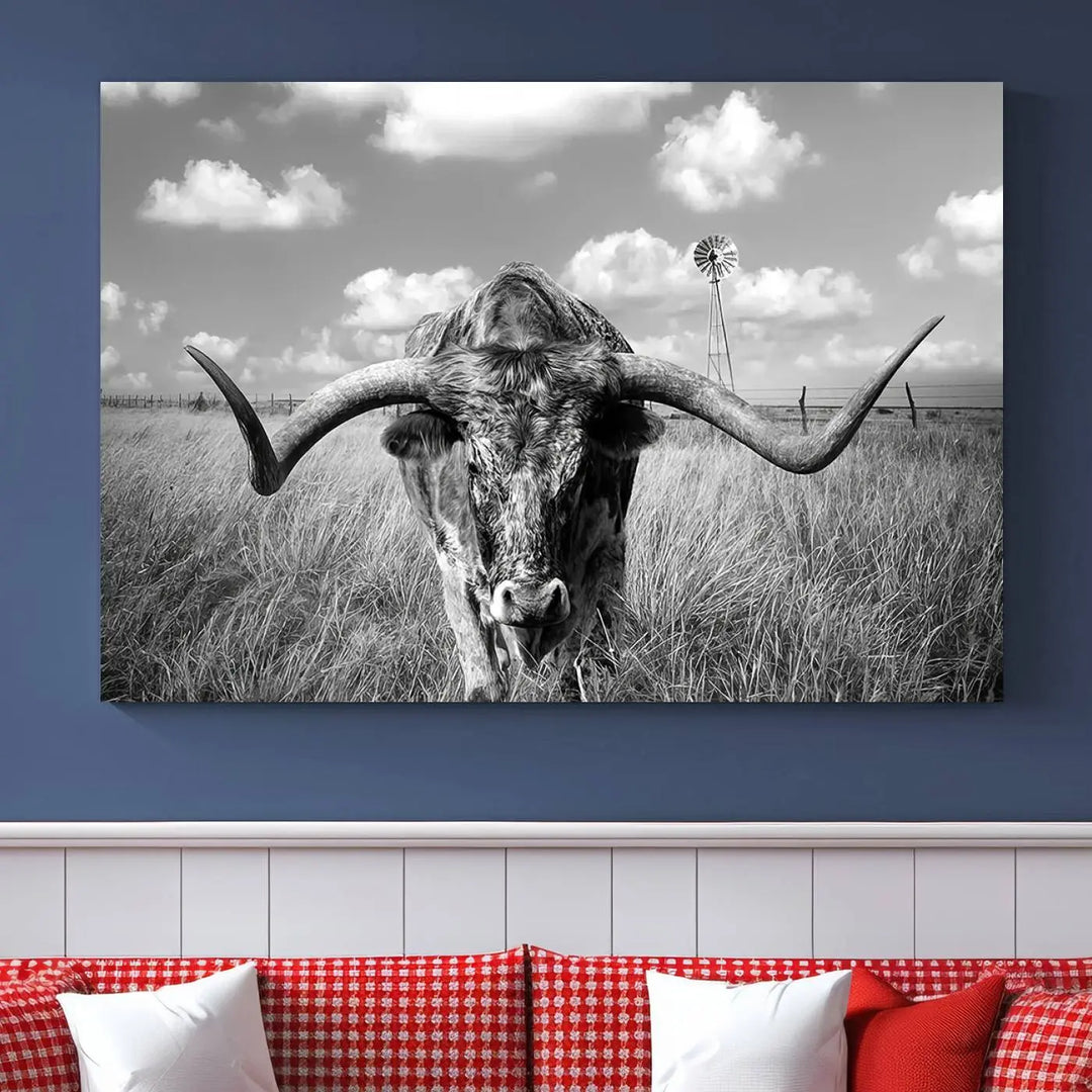 The Texas Cow Longhorn Wall Art Canvas Print features a black and white triptych of a longhorn steer in a grassy field, rendered with high-resolution clarity on museum quality canvas.