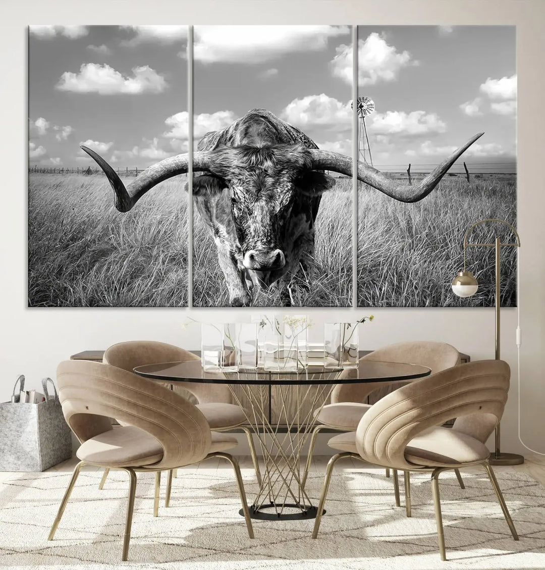 The Texas Cow Longhorn Wall Art Canvas Print features a black and white triptych of a longhorn steer in a grassy field, rendered with high-resolution clarity on museum quality canvas.