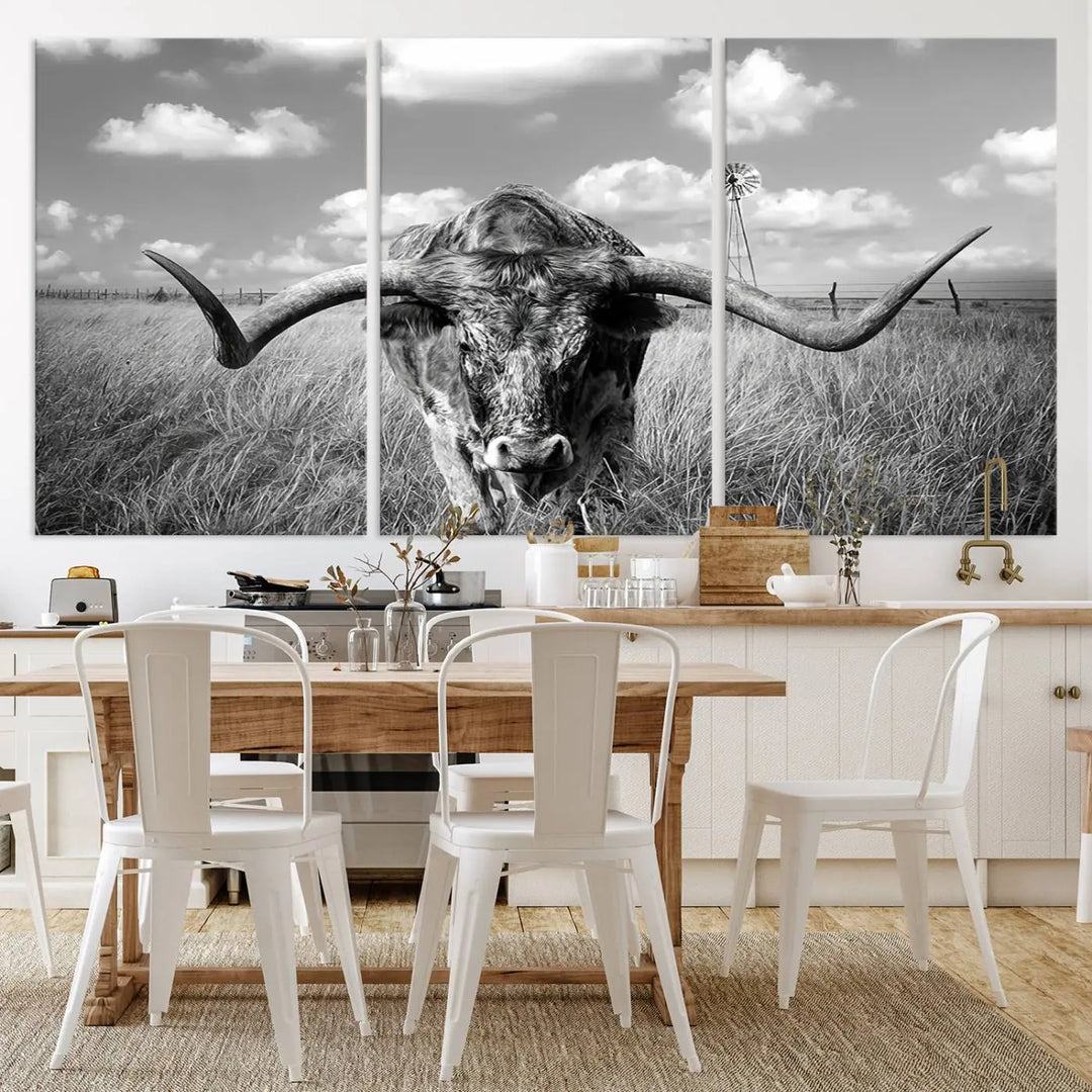 The Texas Cow Longhorn Wall Art Canvas Print features a black and white triptych of a longhorn steer in a grassy field, rendered with high-resolution clarity on museum quality canvas.