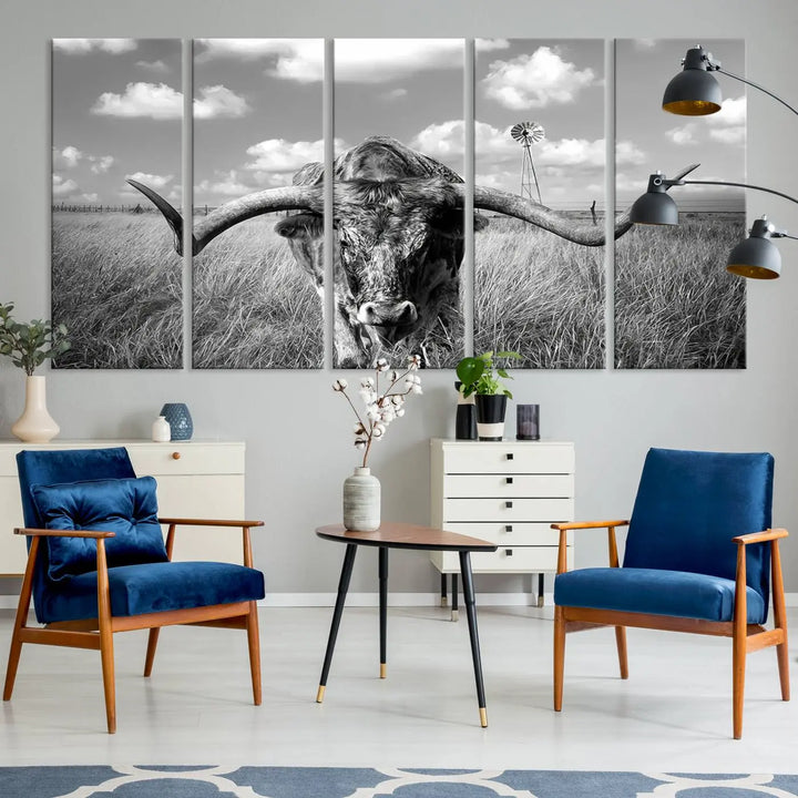 The Texas Cow Longhorn Wall Art Canvas Print features a black and white triptych of a longhorn steer in a grassy field, rendered with high-resolution clarity on museum quality canvas.