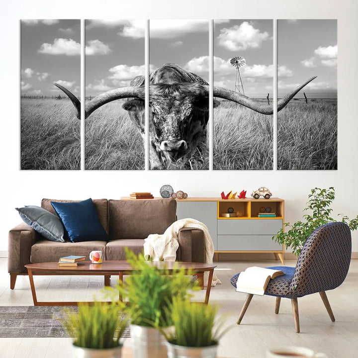 The Texas Cow Longhorn Wall Art Canvas Print features a black and white triptych of a longhorn steer in a grassy field, rendered with high-resolution clarity on museum quality canvas.