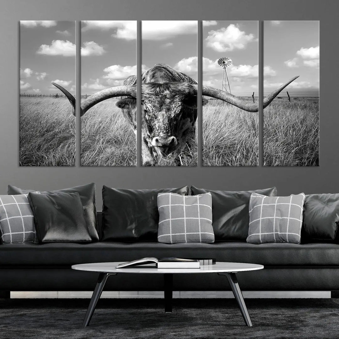 The Texas Cow Longhorn Wall Art Canvas Print features a black and white triptych of a longhorn steer in a grassy field, rendered with high-resolution clarity on museum quality canvas.