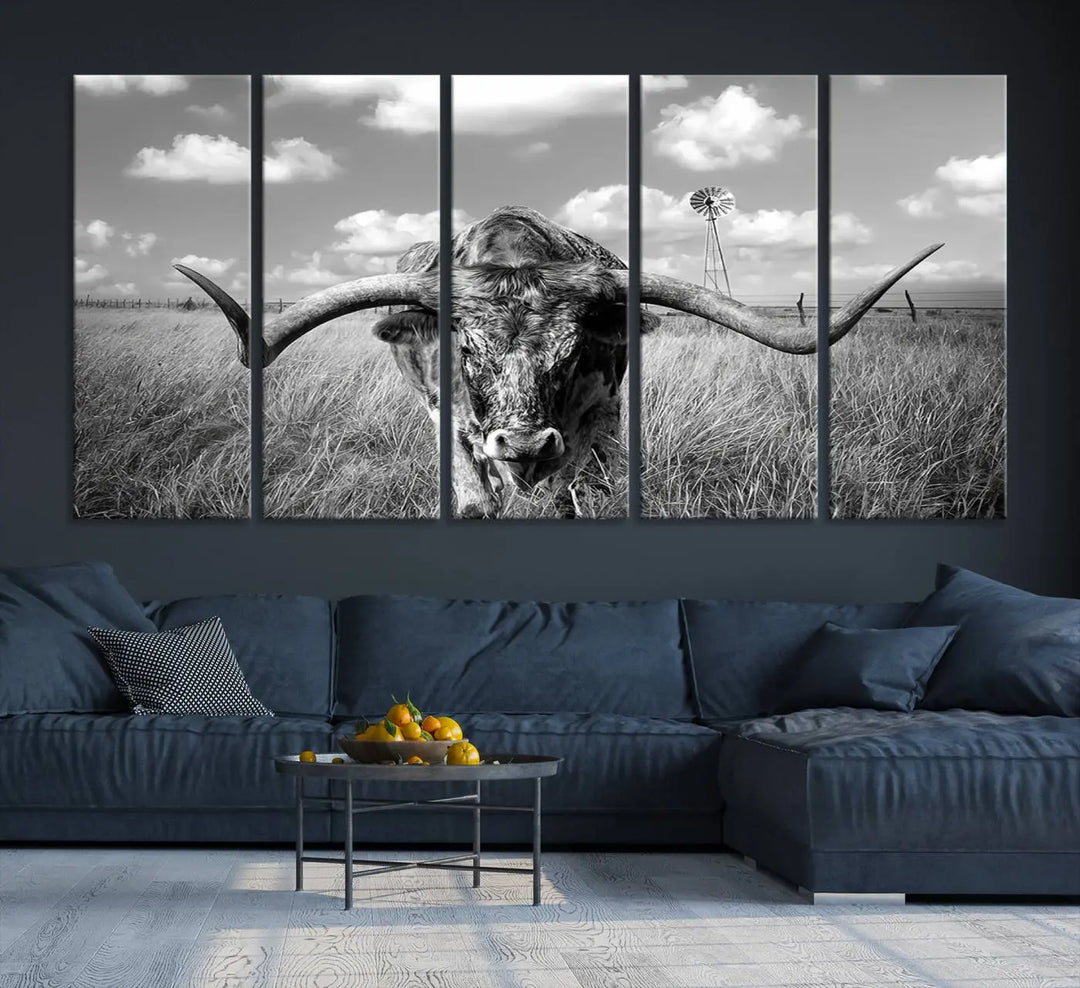 The Texas Cow Longhorn Wall Art Canvas Print features a black and white triptych of a longhorn steer in a grassy field, rendered with high-resolution clarity on museum quality canvas.