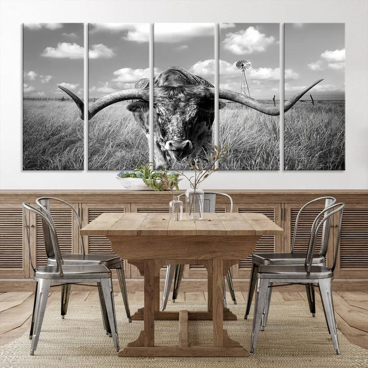 The Texas Cow Longhorn Wall Art Canvas Print features a black and white triptych of a longhorn steer in a grassy field, rendered with high-resolution clarity on museum quality canvas.