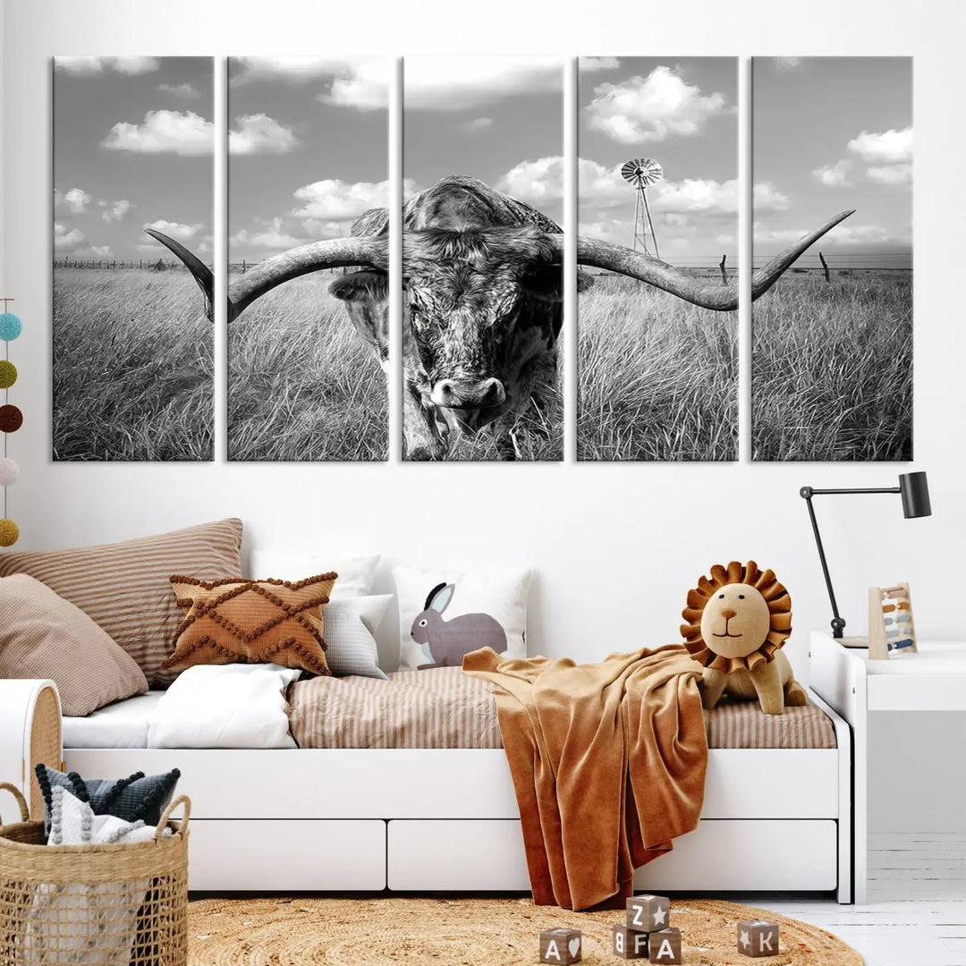 The Texas Cow Longhorn Wall Art Canvas Print features a black and white triptych of a longhorn steer in a grassy field, rendered with high-resolution clarity on museum quality canvas.