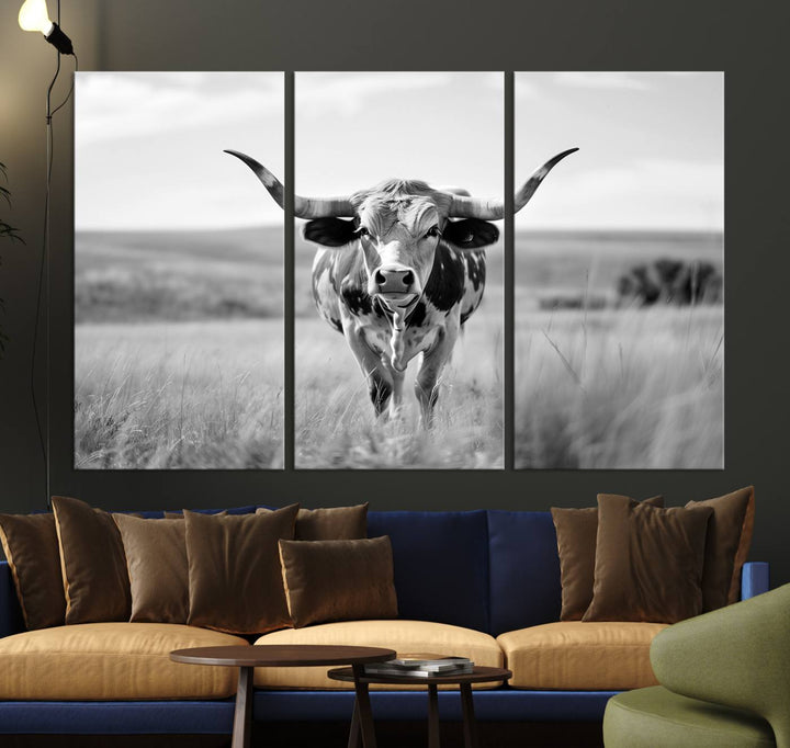 Texas Cow Longhorn Wall Art Canvas Print for Farm House Wall Decor, Farmhouse Wall Art Print