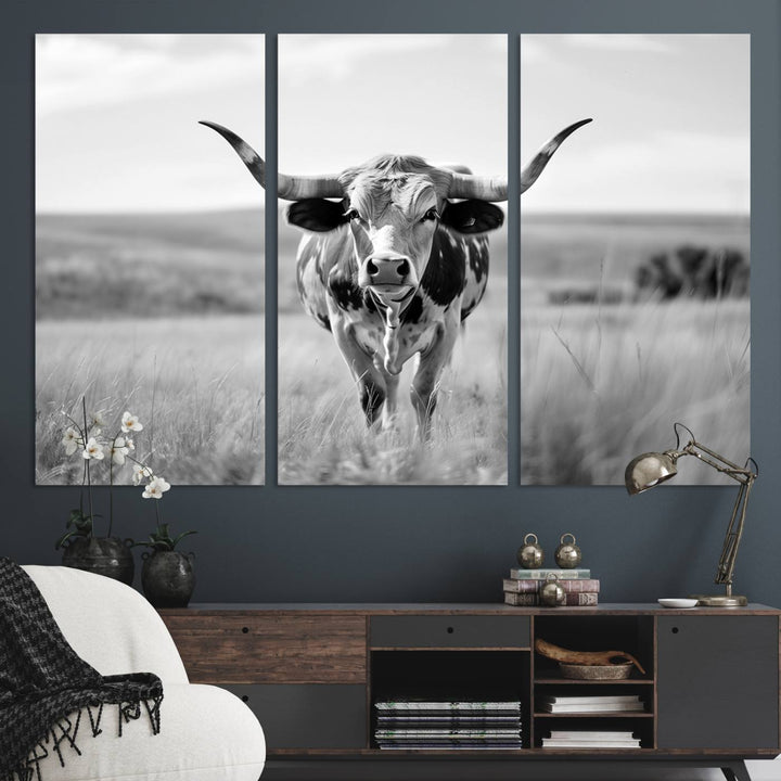 Texas Cow Longhorn Wall Art Canvas Print for Farm House Wall Decor, Farmhouse Wall Art Print