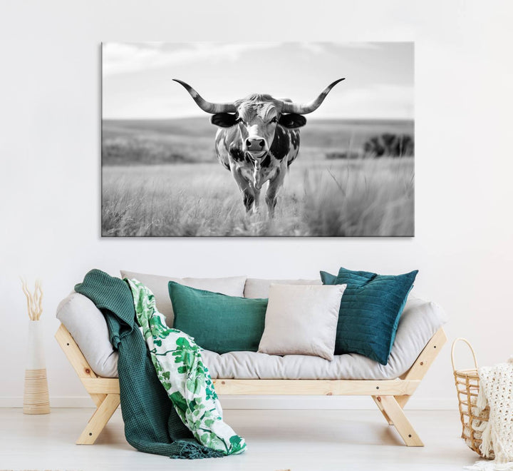 Texas Cow Longhorn Wall Art Canvas Print for Farm House Wall Decor, Farmhouse Wall Art Print