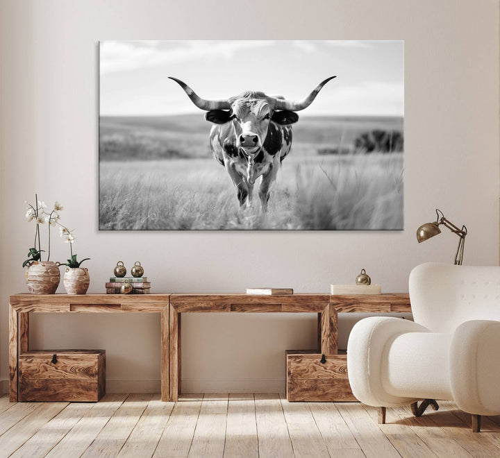 Texas Cow Longhorn Wall Art Canvas Print for Farm House Wall Decor, Farmhouse Wall Art Print